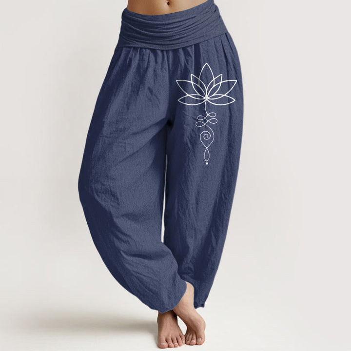 Buddha Stones Lotus Unalome Symbol Muster Damen Haremshose aus reiner Baumwolle mit elastischer Taille - DunkelSchieferblau - US22， UK/AU26，EU54 (6XL) - image 8