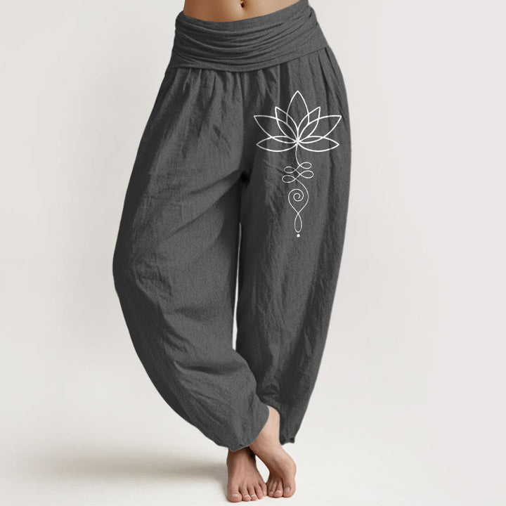 Buddha Stones Lotus Unalome Symbol Muster Damen Haremshose aus reiner Baumwolle mit elastischer Taille - DimGray - US22, UK/AU26, EU54 (6XL) - image 11