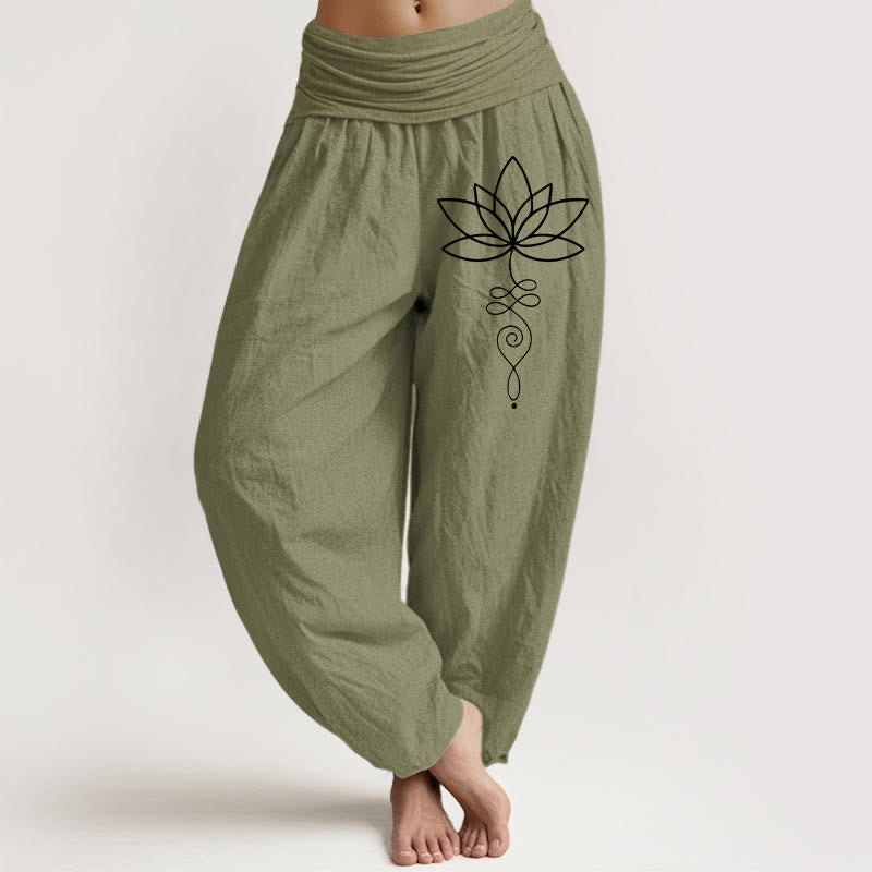 Buddha Stones Lotus Unalome Symbol Muster Damen Haremshose aus reiner Baumwolle mit elastischer Taille - Olivgrün - US22， UK/AU26，EU54 (6XL) - image 14