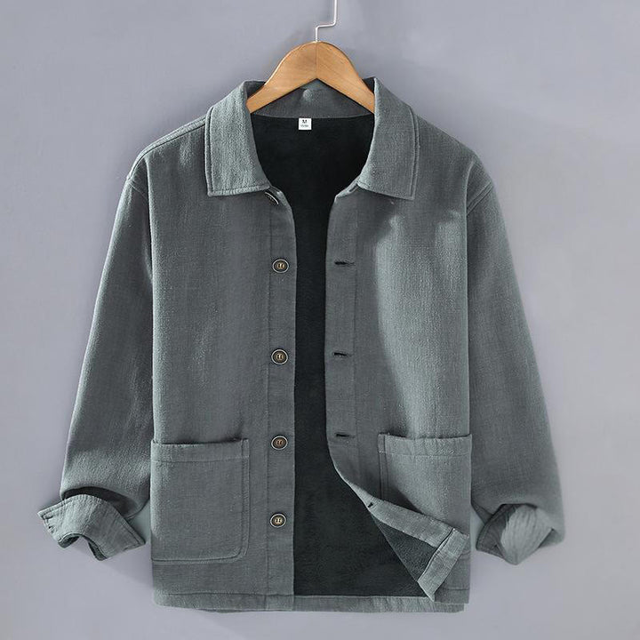 Buddha Stones Herren-Jacke, einfarbig, langärmlig, mit Thermo-Fleece gefüttert, Ramie-Leinen-Baumwoll-Jacke mit Taschen - HellSchiefergrau - US/ UK/AU42，EU52 (3XL) - image 0