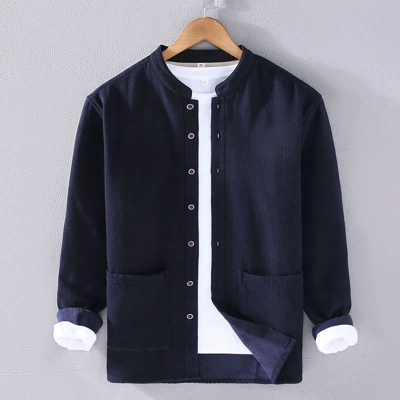 Buddha Stones Herren-Jacke mit Stehkragen, langen Ärmeln, Thermo-Fleece-Futter, Ramie-Baumwolle, mit Taschen - Mitternachtsblau - US/ UK/AU42，EU52 (3XL) - image 3