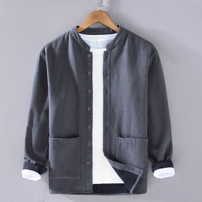 Buddha Stones Herren-Jacke mit Stehkragen, langen Ärmeln, Thermo-Fleece-Futter, Ramie-Baumwolle, mit Taschen - HellSchiefergrau - US/ UK/AU42，EU52 (3XL) - image 2