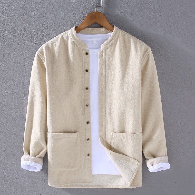Buddha Stones Herren-Jacke mit Stehkragen, langen Ärmeln, Thermo-Fleece-Futter, Ramie-Baumwolle, mit Taschen - Beige - US/ UK/AU42，EU52 (3XL) - image 4