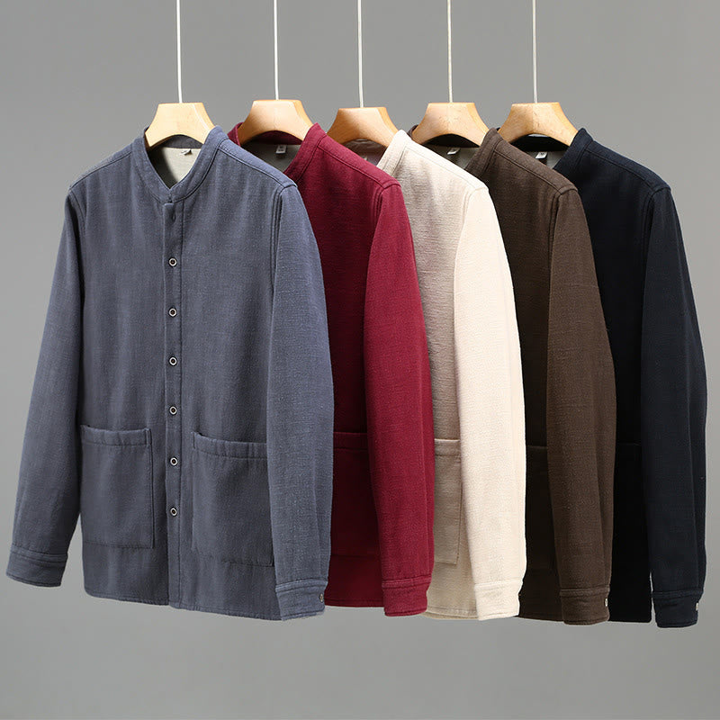 Buddha Stones Herren-Jacke mit Stehkragen, langen Ärmeln, Thermo-Fleece-Futter, Ramie-Baumwolle, mit Taschen - image 17