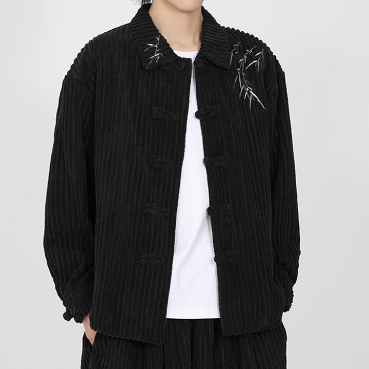 Buddha Stones Stickerei Bambus Muster Frosch-Knopf Design Langarm Herren Baumwolle Cord Jacke - image 5