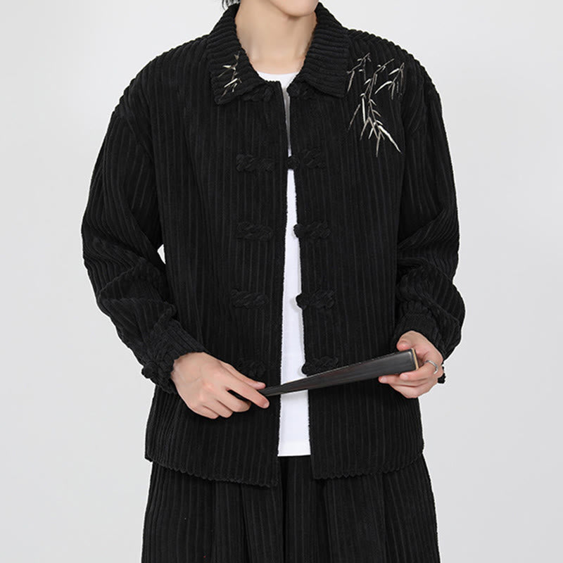 Buddha Stones Stickerei Bambus Muster Frosch-Knopf Design Langarm Herren Baumwolle Cord Jacke - Schwarz - US/ UK/AU46，EU56 (5XL) - image 0