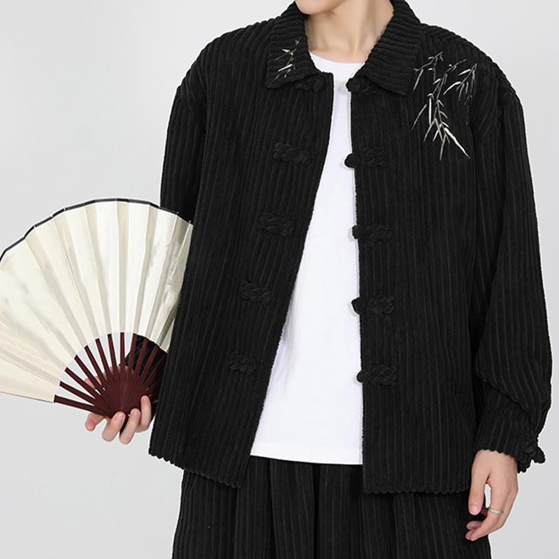 Buddha Stones Stickerei Bambus Muster Frosch-Knopf Design Langarm Herren Baumwolle Cord Jacke - image 6