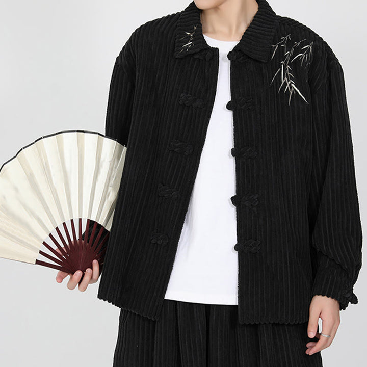 Buddha Stones Stickerei Bambus Muster Frosch-Knopf Design Langarm Herren Baumwolle Cord Jacke - image 6