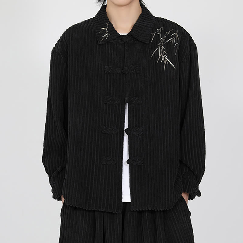 Buddha Stones Stickerei Bambus Muster Frosch-Knopf Design Langarm Herren Baumwolle Cord Jacke - image 1