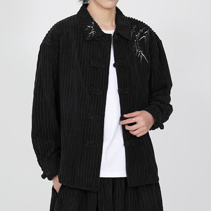Buddha Stones Stickerei Bambus Muster Frosch-Knopf Design Langarm Herren Baumwolle Cord Jacke - image 3