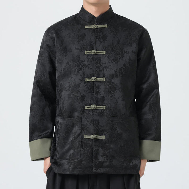 Buddha Stones Jacquard Froschknopf Langarm Herren Baumwolljacke Tang Anzug mit Taschen - Schwarz - US/ UK/AU46，EU56 (5XL) - image 0