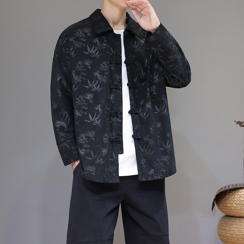 Buddha Stones Jacquard Blätter Muster Frosch-Knopf Langarm Herren Baumwolle Tang Anzug Jacke - image 1