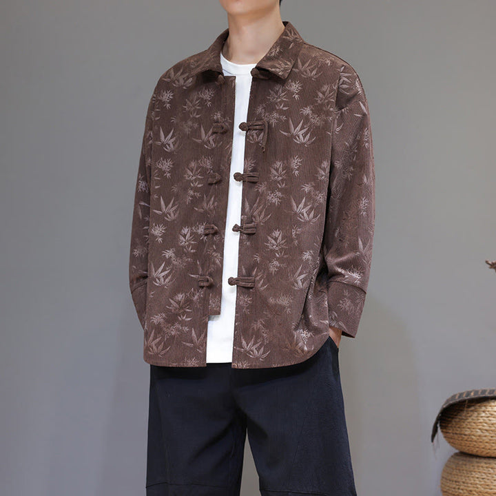 Buddha Stones Jacquard Blätter Muster Frosch-Knopf Langarm Herren Baumwolle Tang Anzug Jacke - Sienna - US/ UK/AU48，EU58 (5XL) - image 25