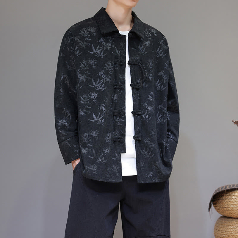 Buddha Stones Jacquard Blätter Muster Frosch-Knopf Langarm Herren Baumwolle Tang Anzug Jacke - Schwarz - US/ UK/AU48，EU58 (5XL) - image 0