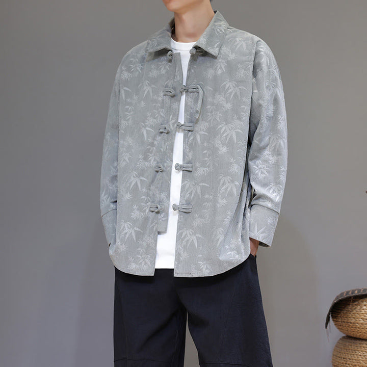 Buddha Stones Jacquard Blätter Muster Frosch-Knopf Langarm Herren Baumwolle Tang Anzug Jacke - Hellgrau - US/ UK/AU48，EU58 (5XL) - image 8