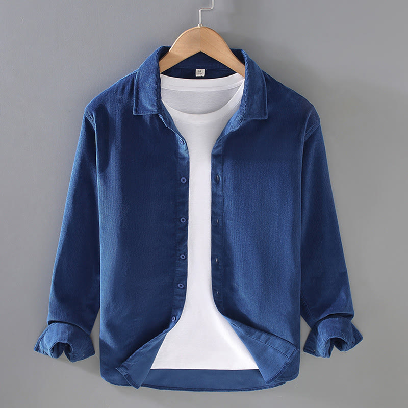 Buddha Stones Herren-Langarmhemd aus reiner Baumwolle mit einfarbigem Knopfdesign - Mittelblau - US/ UK/AU44，EU54 (4XL) - image 1