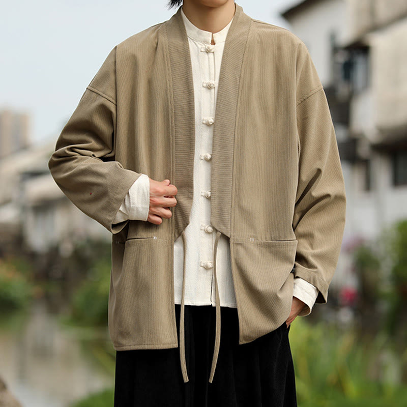 Buddha Stones Einfarbige, vorne offene Langarmjacke für Herren, Kimono aus Baumwollcord mit Taschen - image 4