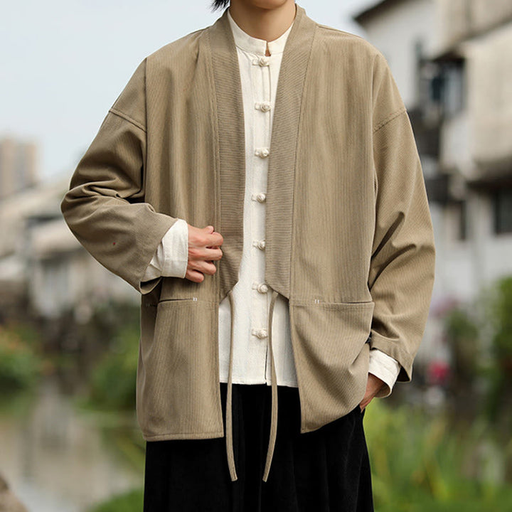 Buddha Stones Einfarbige, vorne offene Langarmjacke für Herren, Kimono aus Baumwollcord mit Taschen - image 4