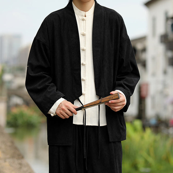 Buddha Stones Einfarbige, vorne offene Langarmjacke für Herren, Kimono aus Baumwollcord mit Taschen - image 14