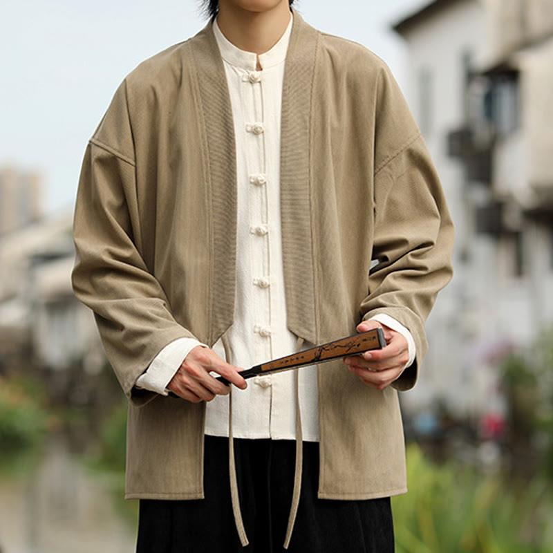 Buddha Stones Einfarbige, vorne offene Langarmjacke für Herren, Kimono aus Baumwollcord mit Taschen - image 5
