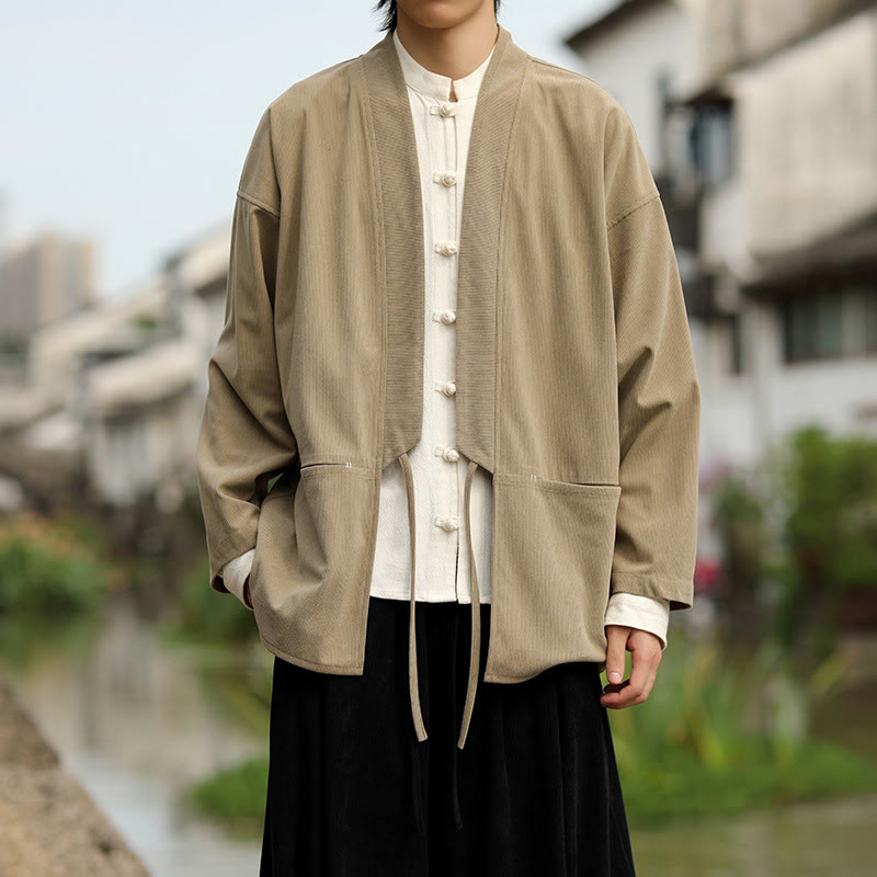Buddha Stones Einfarbige, vorne offene Langarmjacke für Herren, Kimono aus Baumwollcord mit Taschen - image 2