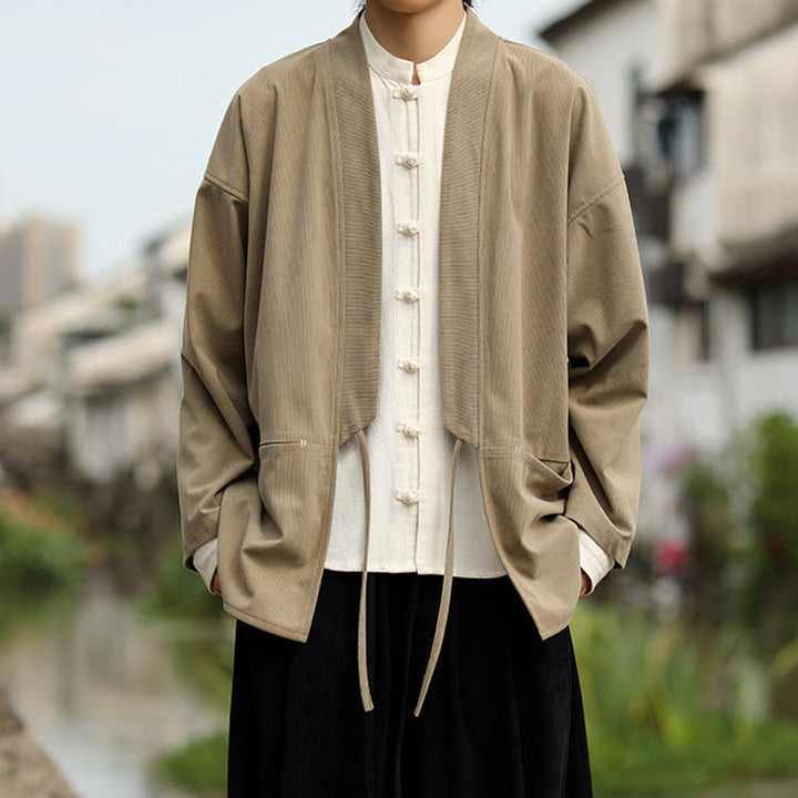 Buddha Stones Einfarbige, vorne offene Langarmjacke für Herren, Kimono aus Baumwollcord mit Taschen - image 1