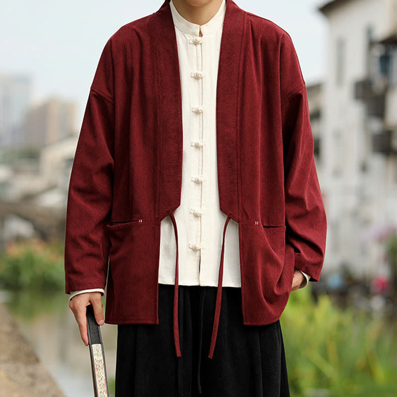 Buddha Stones Einfarbige, vorne offene Langarmjacke für Herren, Kimono aus Baumwollcord mit Taschen - image 11