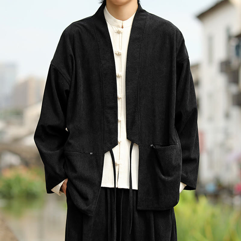 Buddha Stones Einfarbige, vorne offene Langarmjacke für Herren, Kimono aus Baumwollcord mit Taschen - Schwarz - US/ UK/AU46，EU56 (5XL) - image 13
