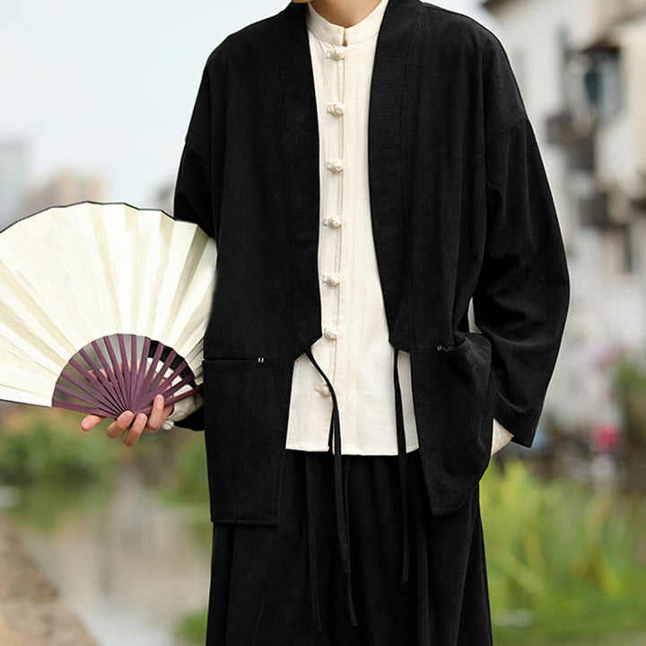 Buddha Stones Einfarbige, vorne offene Langarmjacke für Herren, Kimono aus Baumwollcord mit Taschen - image 15