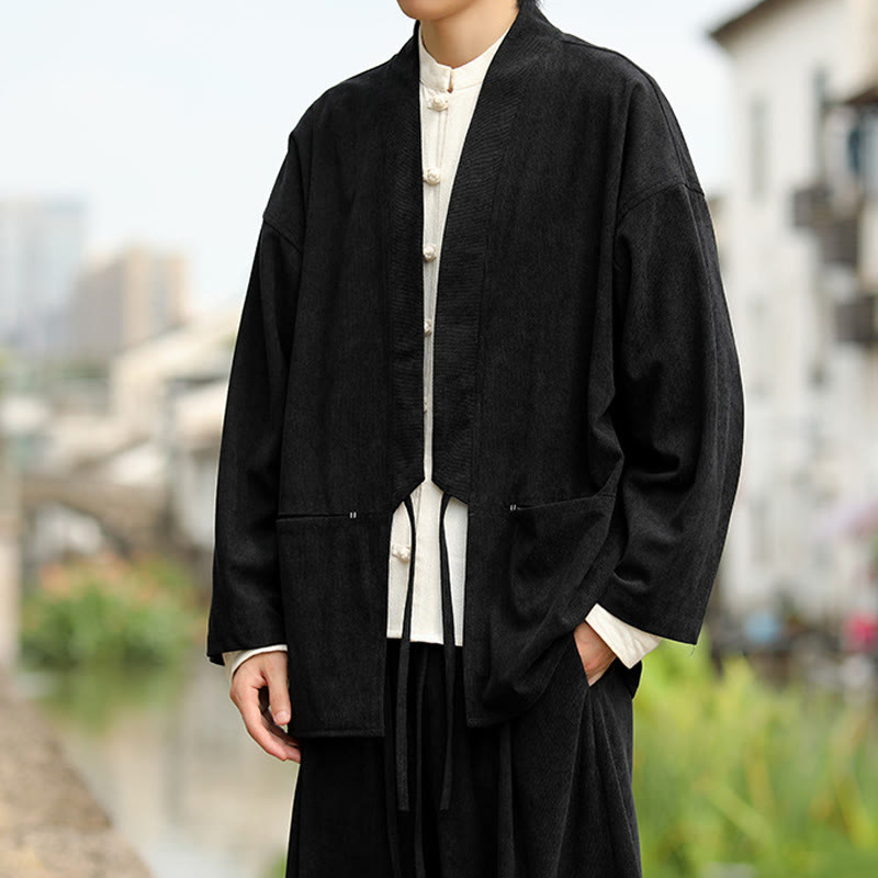 Buddha Stones Einfarbige, vorne offene Langarmjacke für Herren, Kimono aus Baumwollcord mit Taschen - image 16
