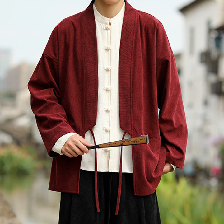 Buddha Stones Einfarbige, vorne offene Langarmjacke für Herren, Kimono aus Baumwollcord mit Taschen - image 12