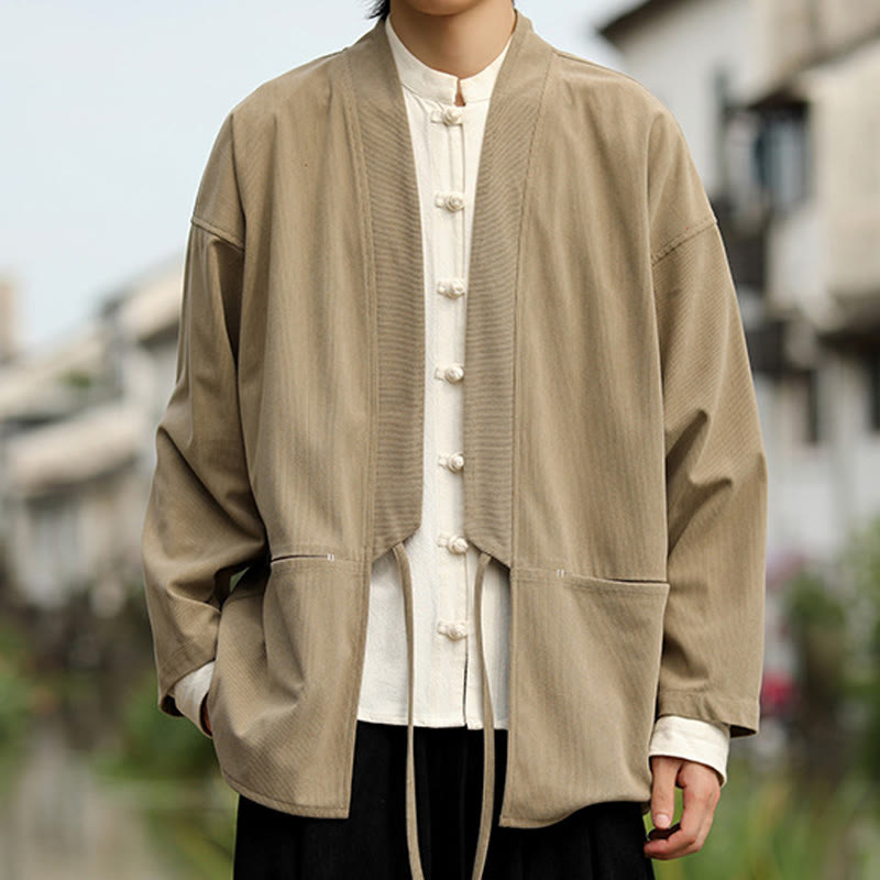 Buddha Stones Einfarbige, vorne offene Langarmjacke für Herren, Kimono aus Baumwollcord mit Taschen - image 3