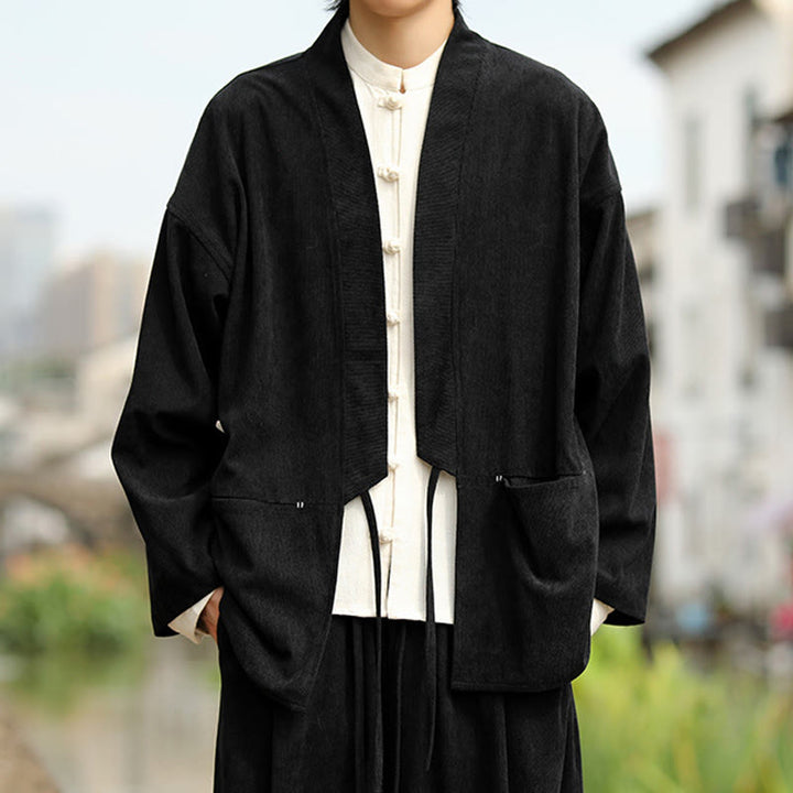 Buddha Stones Einfarbige, vorne offene Langarmjacke für Herren, Kimono aus Baumwollcord mit Taschen - Schwarz - US/ UK/AU46, EU56 (5XL) - image 13