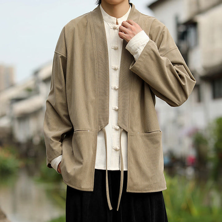 Buddha Stones Einfarbige, vorne offene Langarmjacke für Herren, Kimono aus Baumwollcord mit Taschen - image 6
