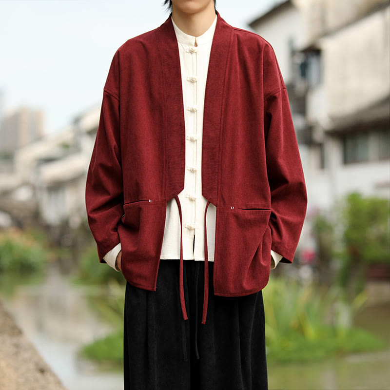 Buddha Stones Einfarbige, vorne offene Langarmjacke für Herren, Kimono aus Baumwollcord mit Taschen - Feuerfestziegel - US/ UK/AU46, EU56 (5XL) - image 7