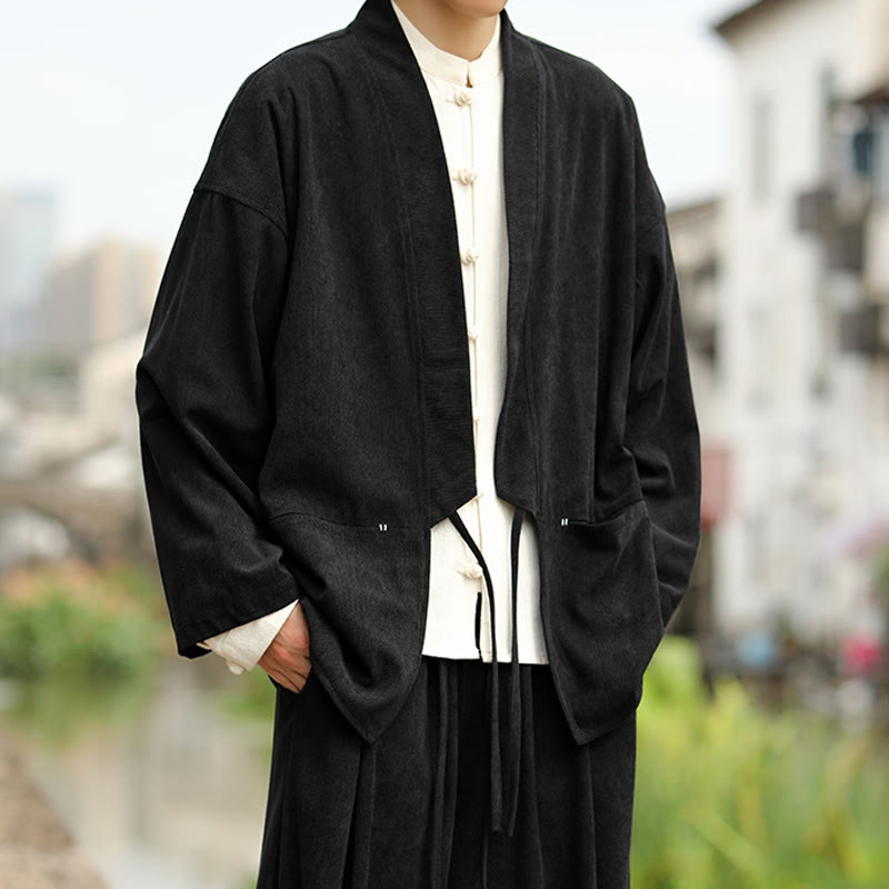 Buddha Stones Einfarbige, vorne offene Langarmjacke für Herren, Kimono aus Baumwollcord mit Taschen - image 18