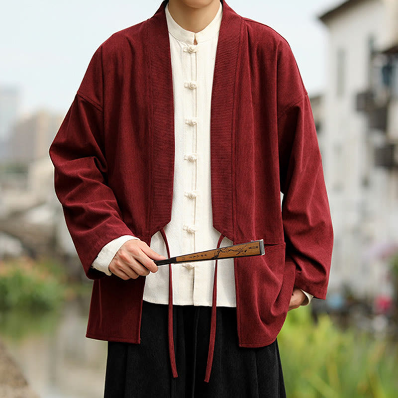 Buddha Stones Einfarbige, vorne offene Langarmjacke für Herren, Kimono aus Baumwollcord mit Taschen - image 12