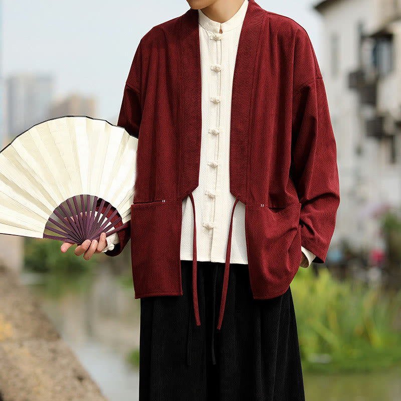 Buddha Stones Einfarbige, vorne offene Langarmjacke für Herren, Kimono aus Baumwollcord mit Taschen - image 8