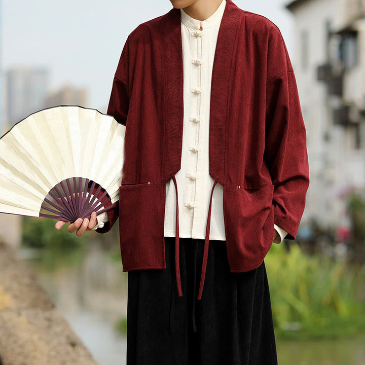 Buddha Stones Einfarbige, vorne offene Langarmjacke für Herren, Kimono aus Baumwollcord mit Taschen - image 8