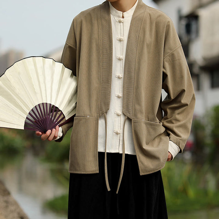 Buddha Stones Einfarbige, vorne offene Langarmjacke für Herren, Kimono aus Baumwollcord mit Taschen - Bräunen - US/ UK/AU46, EU56 (5XL) - image 0