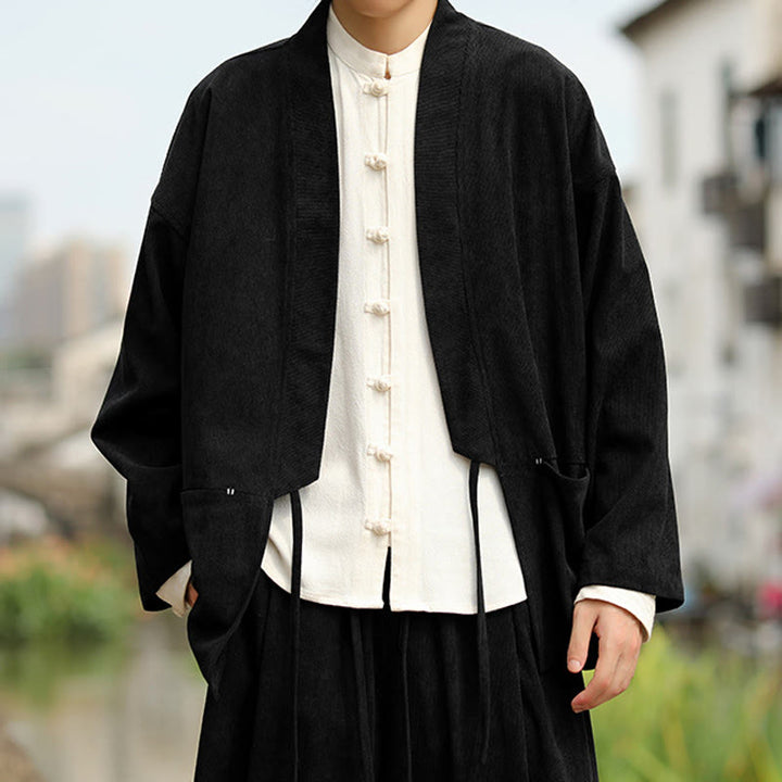 Buddha Stones Einfarbige, vorne offene Langarmjacke für Herren, Kimono aus Baumwollcord mit Taschen - image 17