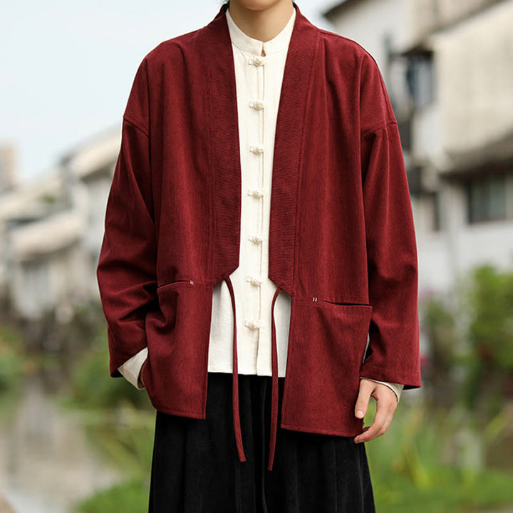 Buddha Stones Einfarbige, vorne offene Langarmjacke für Herren, Kimono aus Baumwollcord mit Taschen - image 9
