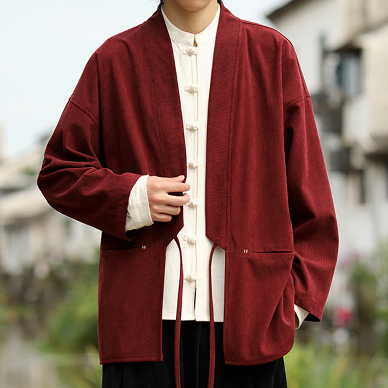 Buddha Stones Einfarbige, vorne offene Langarmjacke für Herren, Kimono aus Baumwollcord mit Taschen - image 10