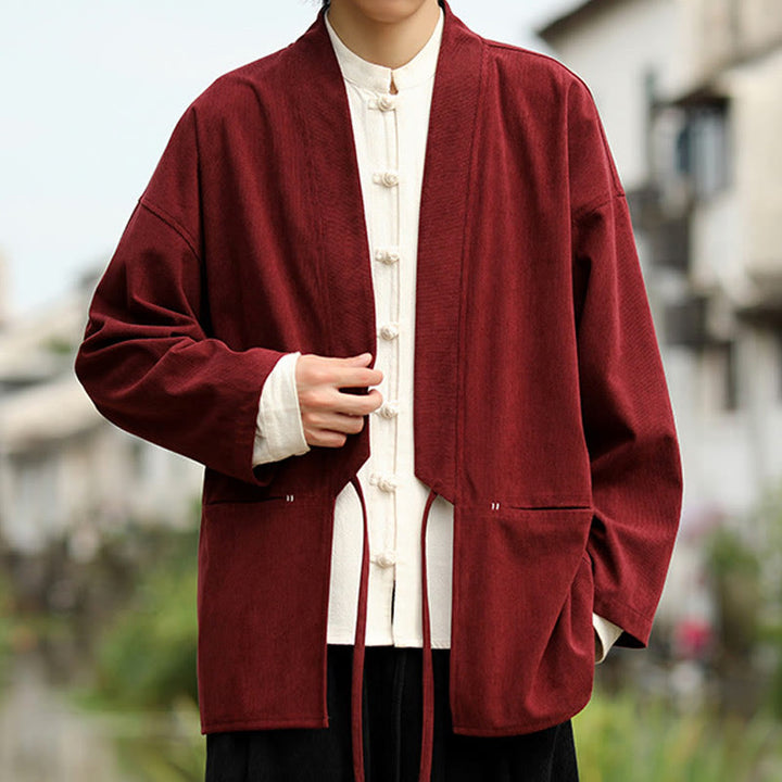 Buddha Stones Einfarbige, vorne offene Langarmjacke für Herren, Kimono aus Baumwollcord mit Taschen - image 10