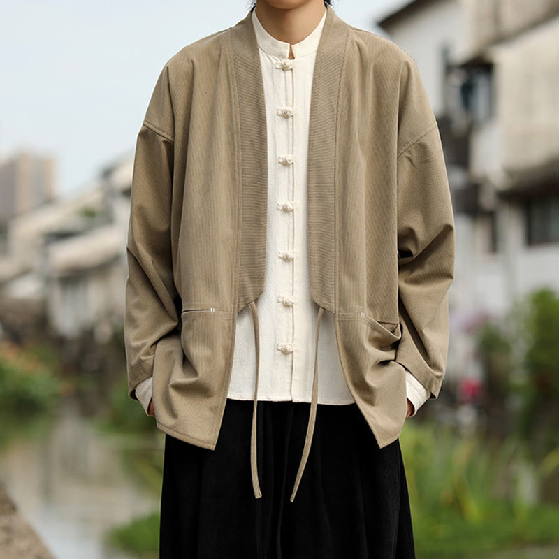 Buddha Stones Einfarbige, vorne offene Langarmjacke für Herren, Kimono aus Baumwollcord mit Taschen - image 1