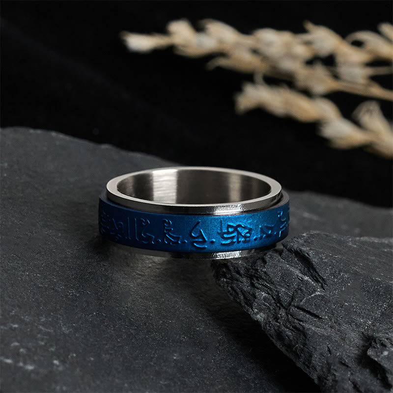 Buddha Stones Tibetische Schriften Blauer Apotheker Mantra Titan Stahl Spinner Balance Ring - image 1