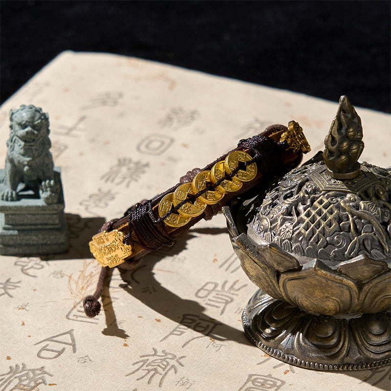 Buddha Stones ​​Fünf-Kaiser-Münzen Pi Xiu Reichtum Leder Seil Armband  - image 1