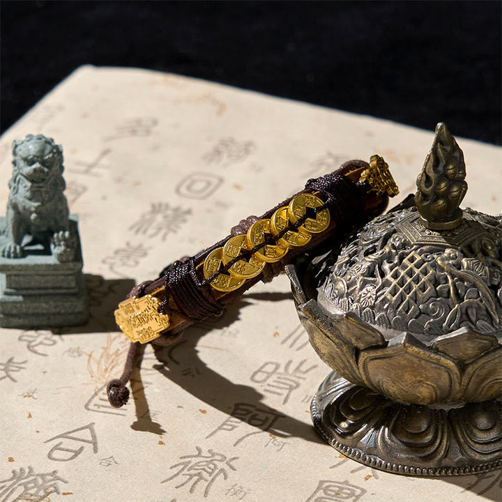 Buddha Stones ​​Fünf-Kaiser-Münzen Pi Xiu Reichtum Leder Seil Armband  - image 1