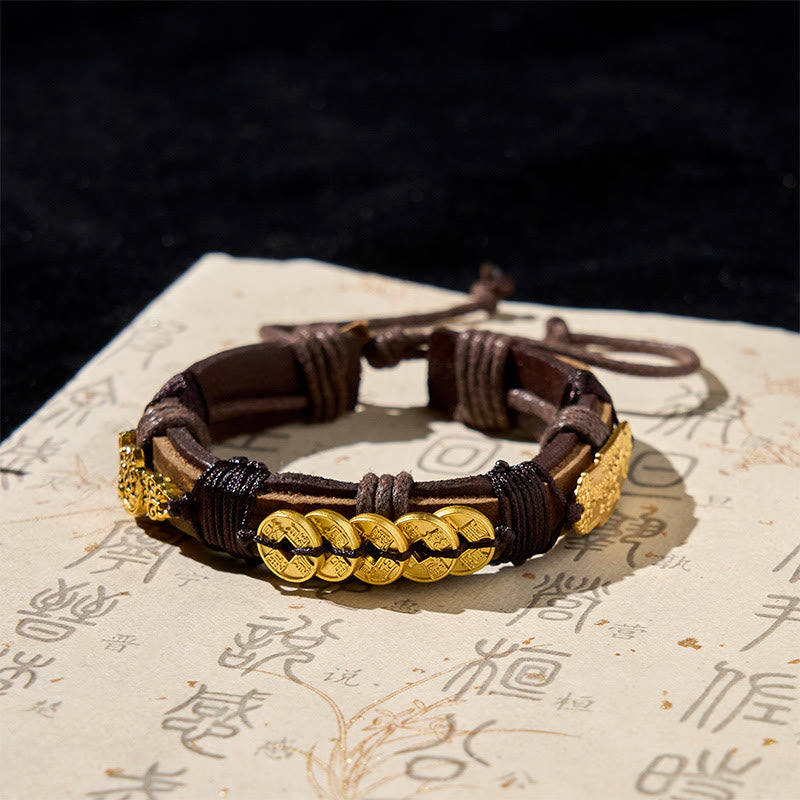 Buddha Stones ​​Fünf-Kaiser-Münzen Pi Xiu Reichtum Leder Seil Armband  - Fünf-Kaiser-Münzen und PiXiu (Handgelenkumfang: 15–19 cm) - image 0