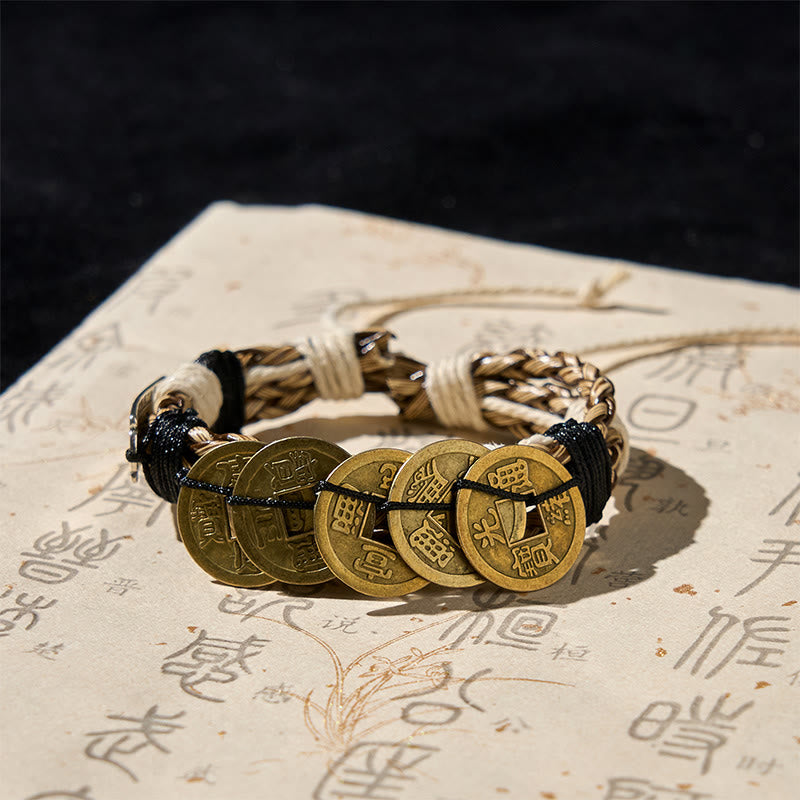 Buddha Stones ​​Fünf-Kaiser-Münzen Amulett Schutzseil Armband  - Fünf Kaisermünzen (Handgelenkumfang: 15–19 cm) - image 0